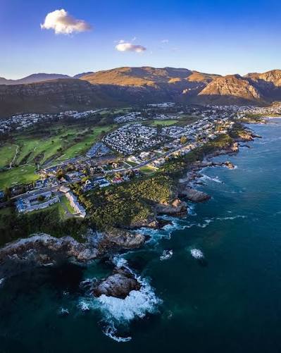 Aerial view of the Hermanus coastline and mountains