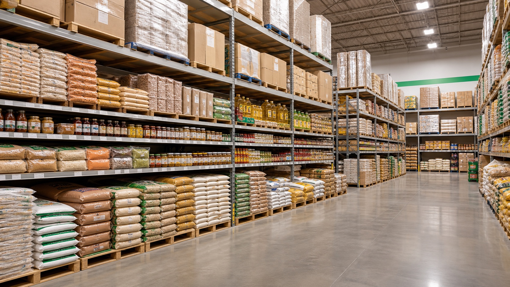 Wide warehouse shelves fully stocked with food-service dry goods