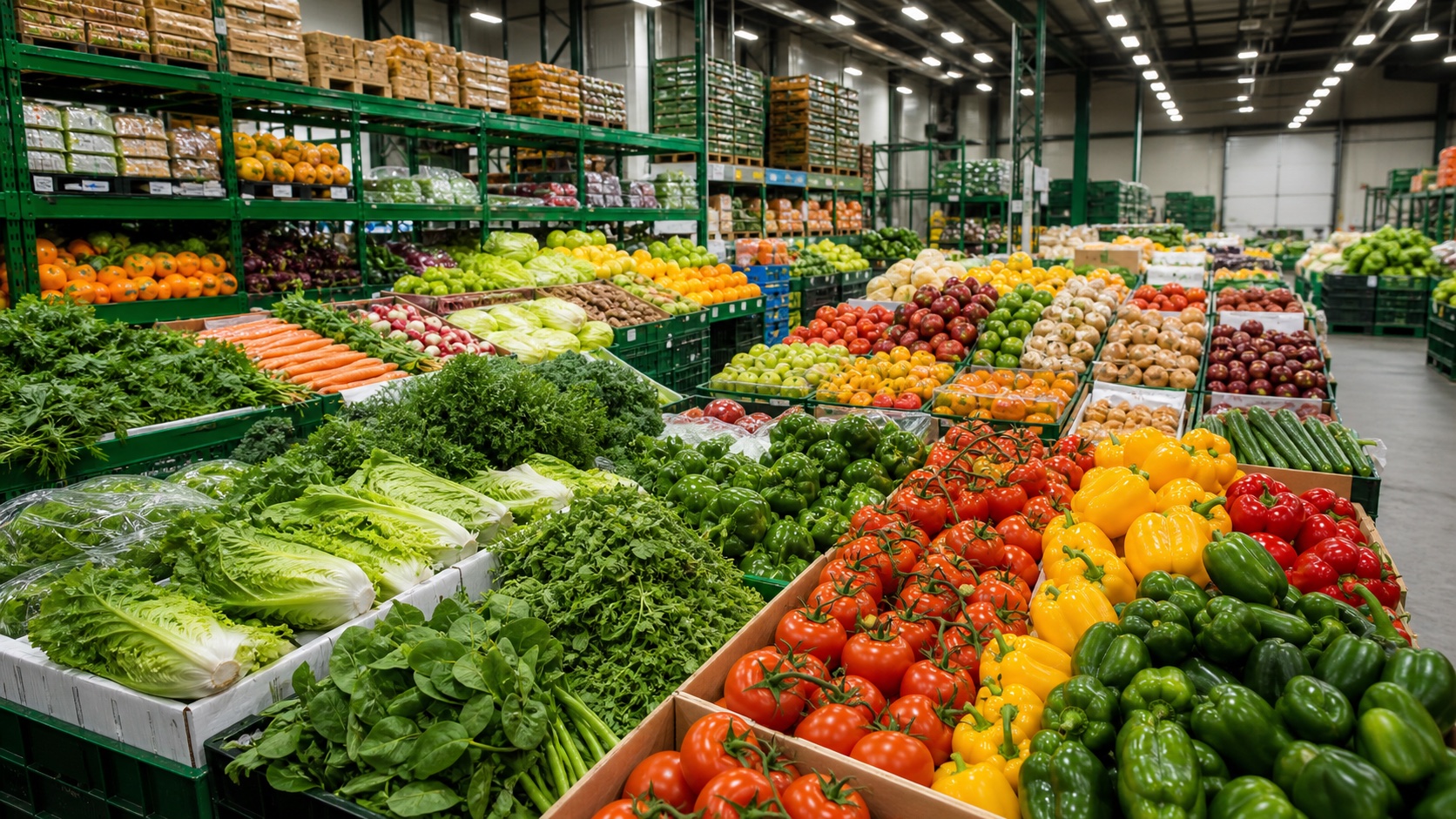 A high-volume wholesale warehouse filled with fresh fruit and vegetables